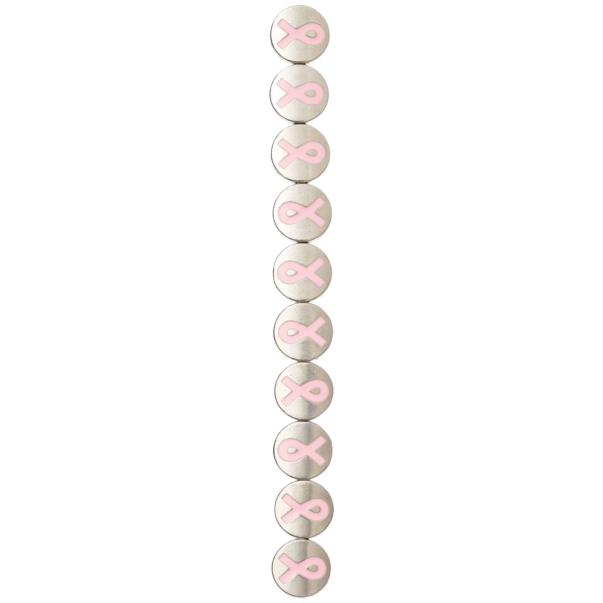 Pink Ribbon Metal Lentil Beads, 14mm by Bead Landing™
